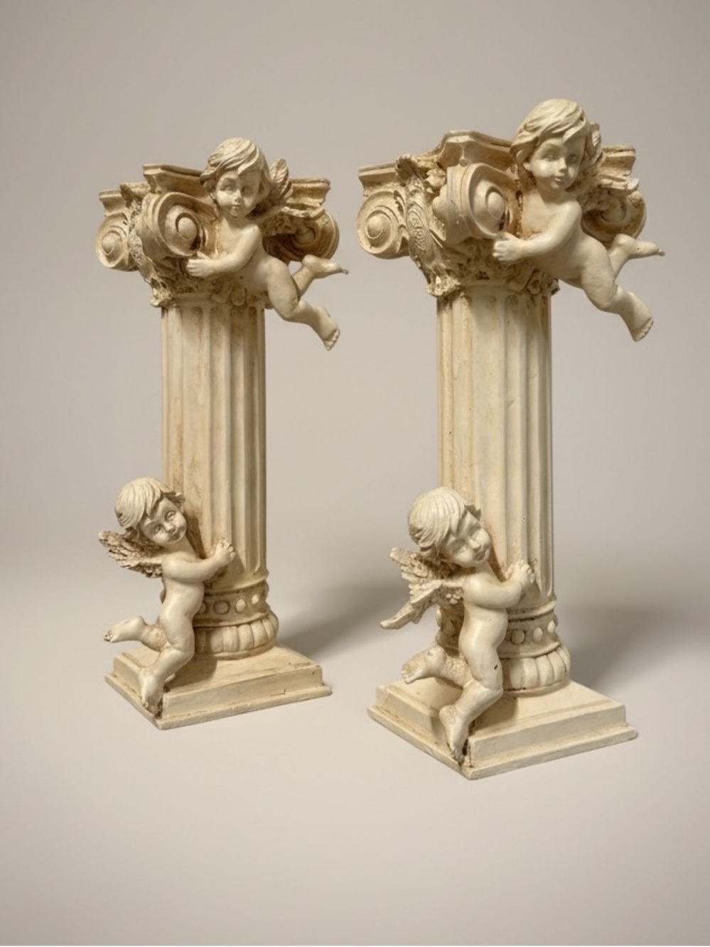 Vintage Resin Cherub Column Pedestal Candle Holders Pair 8.5” Neo Baroque